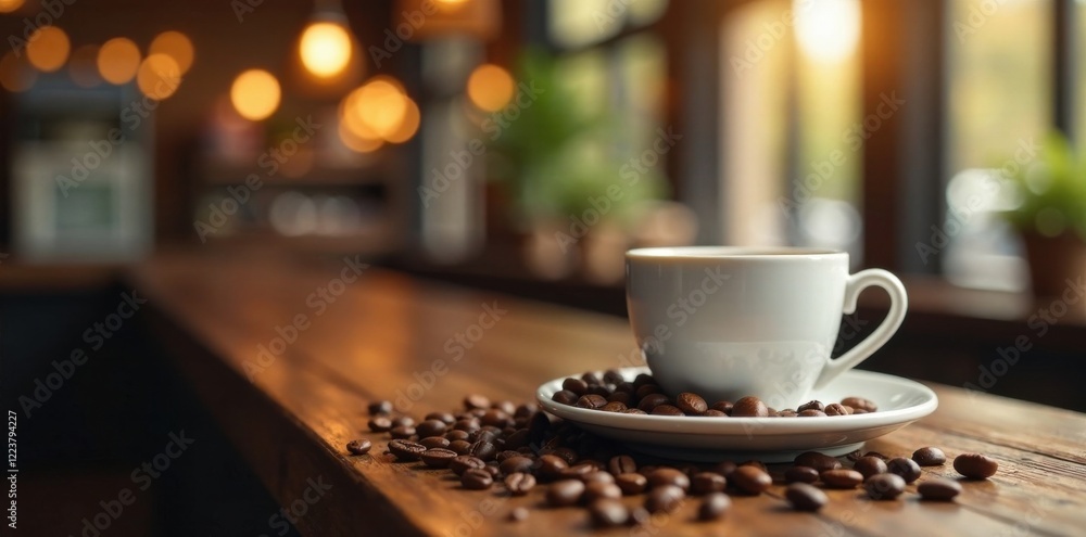 Coffee shop with coffee cups and beans, table, bean, kitchen Coffee shop with coffee cups and beans, table, bean, kitchen