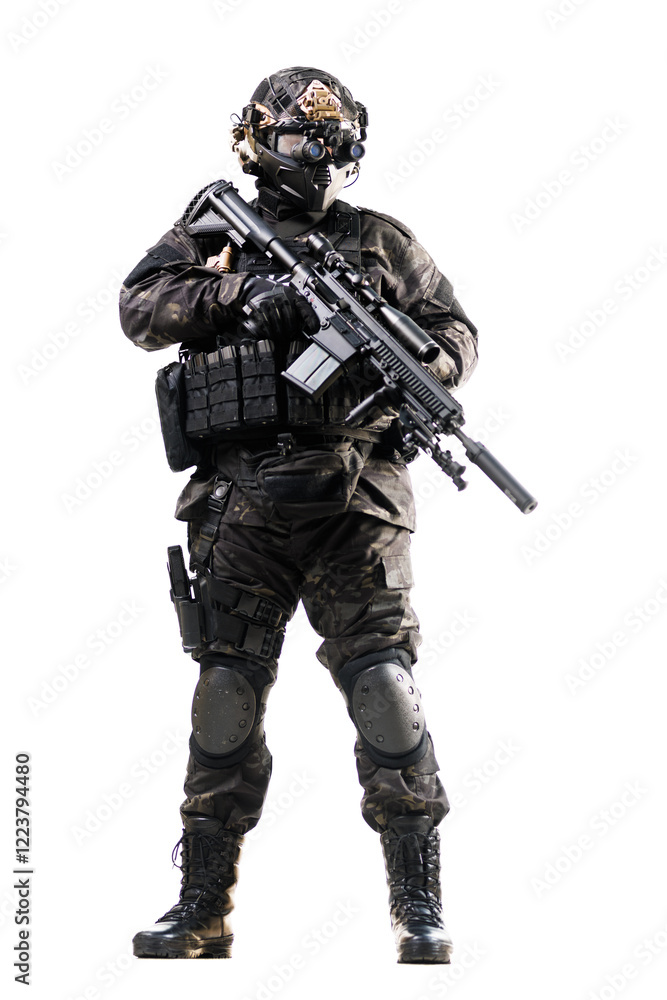Special forces soldier in tactical gear with a rifle standing against a white background Special forces soldier in tactical gear with a rifle standing against a white background