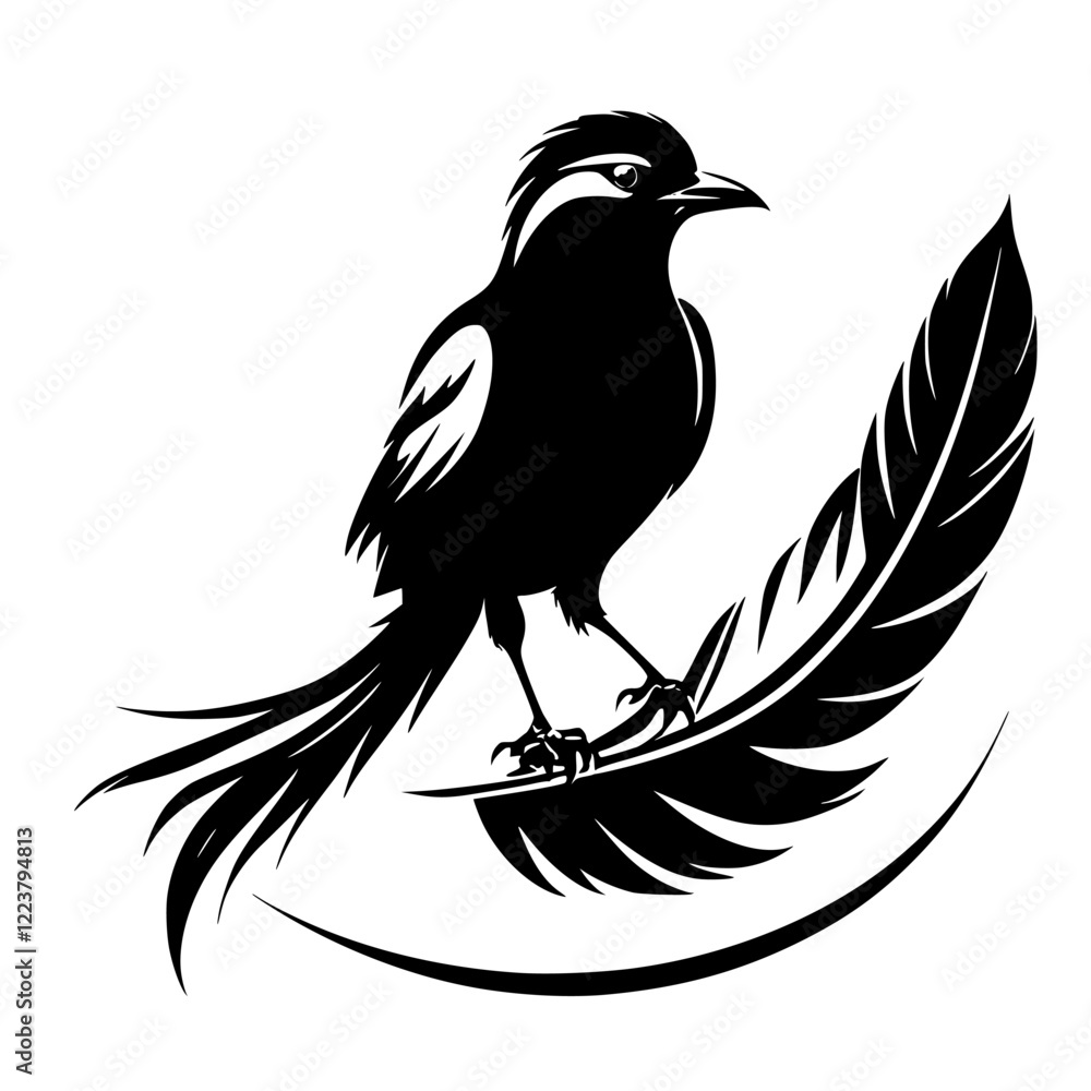 Obraz premium Majestic Bird Silhouette on a Single Feather: Elegant Black and White Animal Vector Art