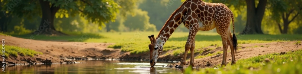 Gentle giraffe drinking from watering hole, illustration, savannah, watercolor Gentle giraffe drinking from watering hole, illustration, savannah, watercolor