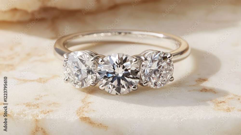 A three-stone diamond ring with a platinum band, resting on a marble-textured background. A three-stone diamond ring with a platinum band, resting on a marble-textured background.