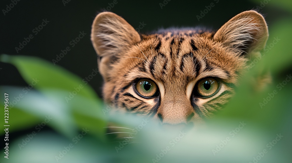 Obraz premium A cat with green eyes is peeking out from behind a leafy green bush
