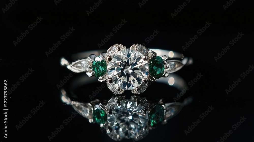 A unique diamond ring with side emerald accents, styled on a reflective black surface. A unique diamond ring with side emerald accents, styled on a reflective black surface.