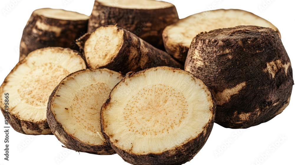 Fresh Burdock Root: Close-up view of freshly harvested Burdock roots, showcasing their rough exterior and creamy, white interior. The image highlights the natural beauty of this versatile root. Fresh Burdock Root: Close-up view of freshly harvested Burdock roots, showcasing their rough exterior and creamy, white interior. The image highlights the natural beauty of this versatile root.