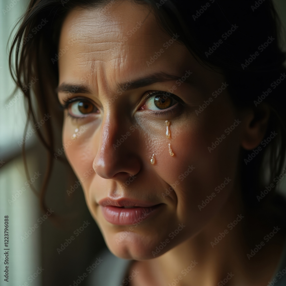 A middle-aged woman crying with his tears stream down her cheeks A middle-aged woman crying with his tears stream down her cheeks