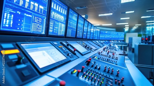 Wallpaper Mural A futuristic industrial setting with SCADA data displayed on wall-mounted monitors. Torontodigital.ca