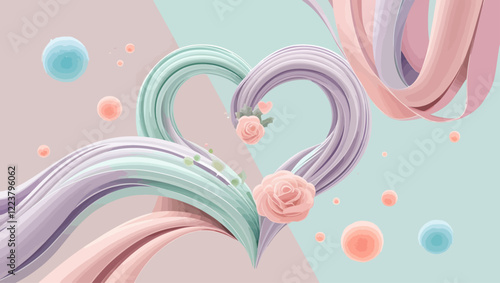Pastel Heart with Roses and Spheres Abstract Love Design