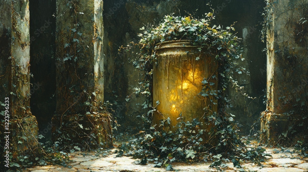 Obraz premium Ancient Column Enveloped In Verdant Ivy Growth