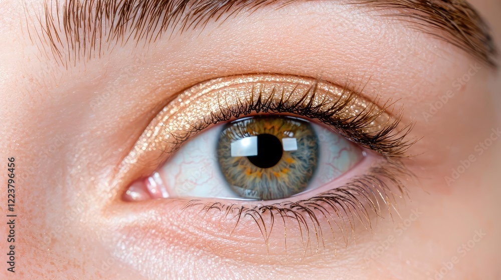 Close-up of a woman's eye with gold eyeshadow, highlighting beauty and cosmetics Close-up of a woman's eye with gold eyeshadow, highlighting beauty and cosmetics