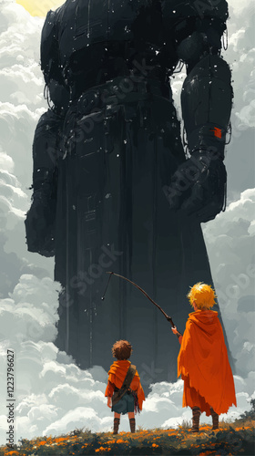 Epic Vector Fantasy Art of Two Adventurers Confronting Giant Robot Amid Clouds and Wildflowers - Imaginative Landscape, Orange Cloaks, and Surreal Scenery