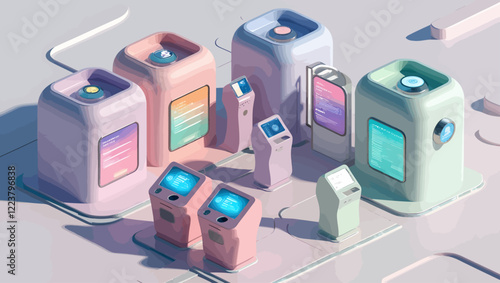 Colorful futuristic kiosks stand on a light surface in a geometric pattern
