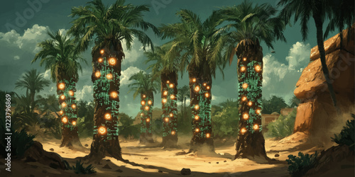 Futuristic Digital Palm Trees in a Desert Oasis with Technological and Nature Fusion, Featuring Mesmerizing Light Patterns and Deep Green Foliage at Sunset