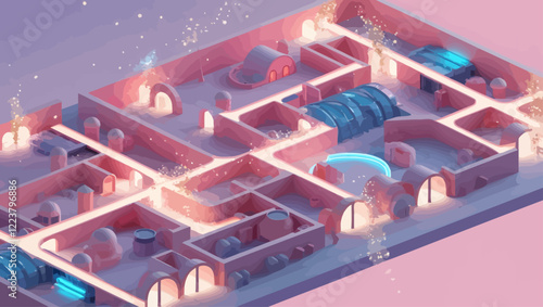 Isometric pink architecture with light trails in a magical setting 70