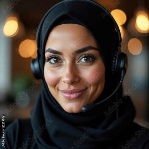 A woman with medium skin tone, wearing a black hijab and a headset