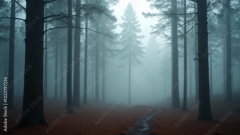 Obraz premium A pine forest in the morning mist, with tall trees and soft fog, creating a serene yet mysterious atmosphere.