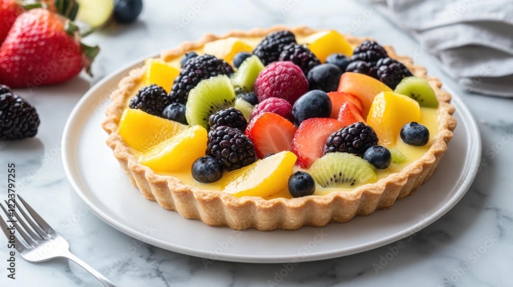 A colorful and refreshing fruit tart with a buttery crust, filled with vanilla custard, and topped with a variety of fresh fruit A colorful and refreshing fruit tart with a buttery crust, filled with vanilla custard, and topped with a variety of fresh fruit