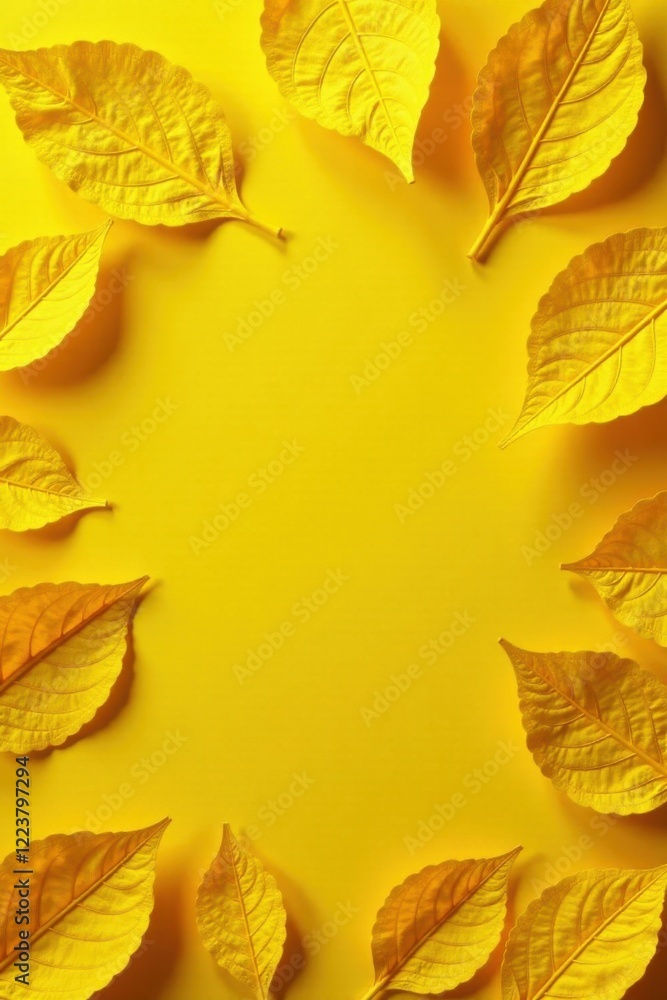 Obraz premium Golden sunflower leaf pattern on a bright yellow background , garden, foliage
