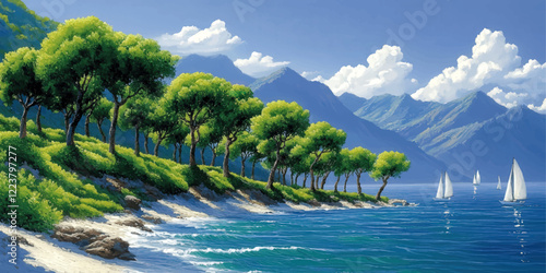 Scenic Coastal Landscape Vector with Vibrant Green Trees, Majestic Mountains, Blue Ocean, and Elegant Sailboats Under a Bright Sky with Fluffy Clouds
