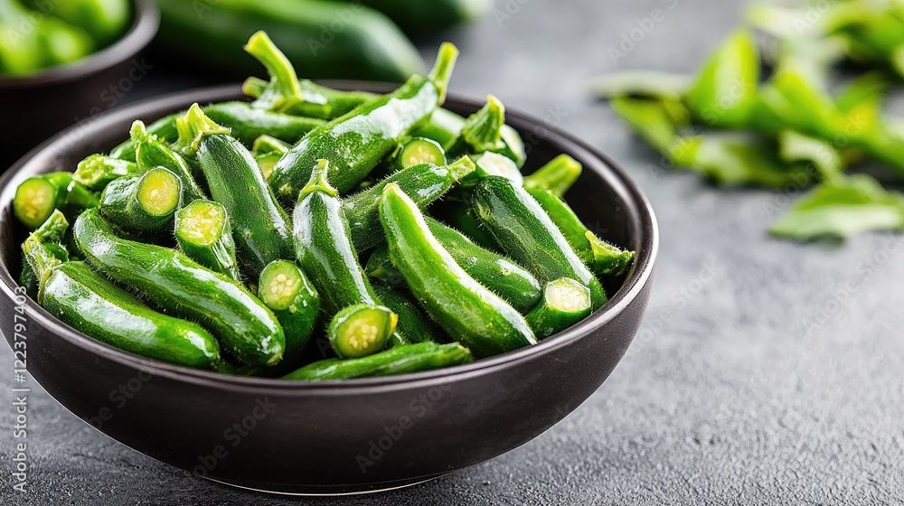 Fresh green chili peppers in a bowl, kitchen setting. Use Food blog, recipe website Fresh green chili peppers in a bowl, kitchen setting. Use Food blog, recipe website