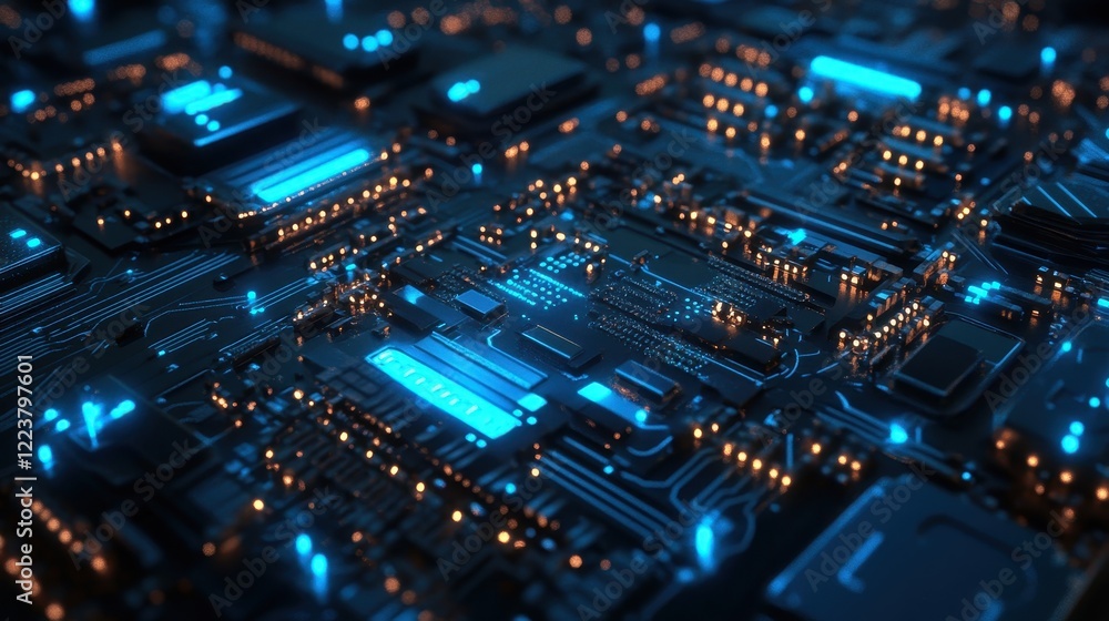 Obraz premium Futuristic Circuit Board Glowing With Blue And Orange Lights