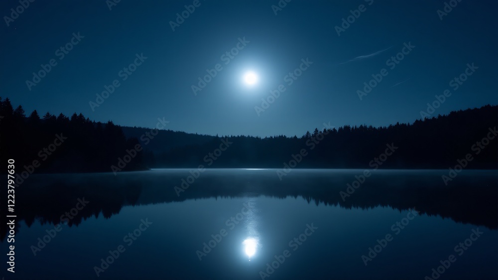 Fototapeta premium A full moon over a calm lake, with its reflection shimmering on the water and the surrounding trees silhouetted against a starry sky.