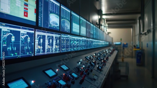 A high-resolution view of a SCADA system control panel monitoring water treatment processes.