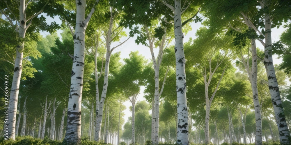 Fototapeta premium group of trees with white bark and green leaves, foliage, trees, woodlands