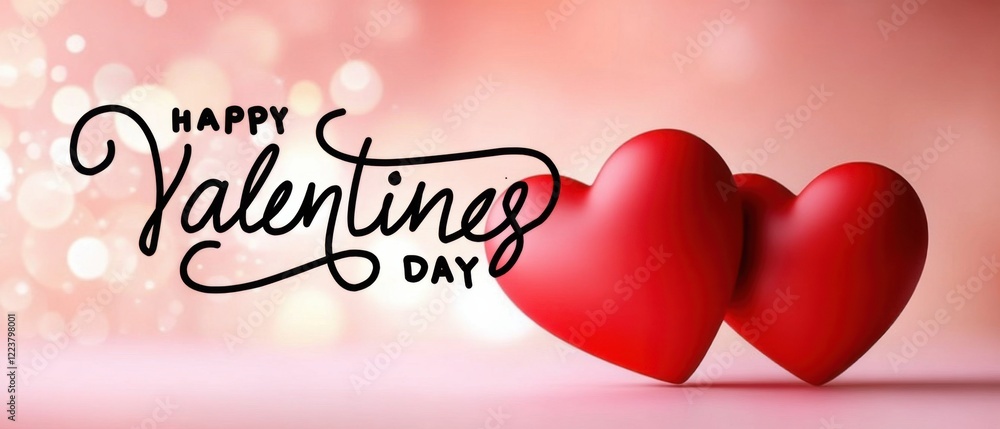 Happy Valentines Day greeting with two red hearts on a soft pink background with bokeh lights, romantic love concept for couples and relationships Happy Valentines Day greeting with two red hearts on a soft pink background with bokeh lights, romantic love concept for couples and relationships