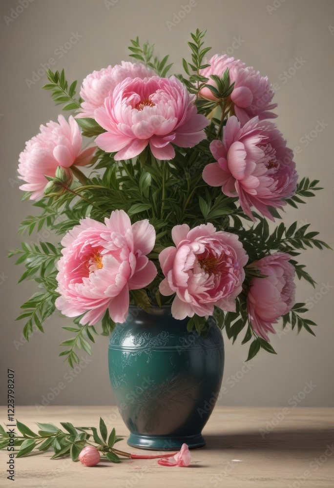Hand drawn peony flowers in a vase with greenery and ribbons, watercolor flowers, peony blossoms, botanical art Hand drawn peony flowers in a vase with greenery and ribbons, watercolor flowers, peony blossoms, botanical art