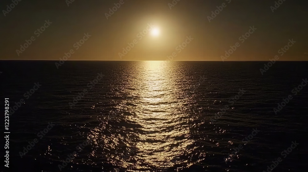 Obraz premium Sunlight reflecting off the surface of a calm sea, with a soft glow illuminating the horizon.