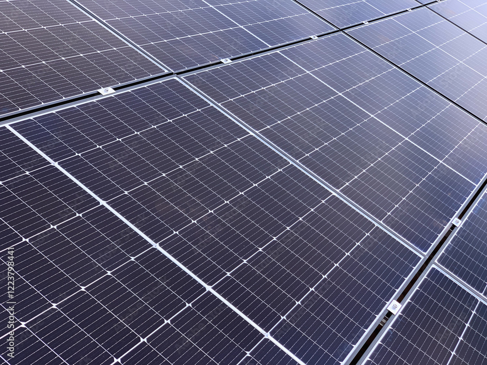 Detailed Close-Up View of Solar Panels Installed on a Rooftop Detailed Close-Up View of Solar Panels Installed on a Rooftop