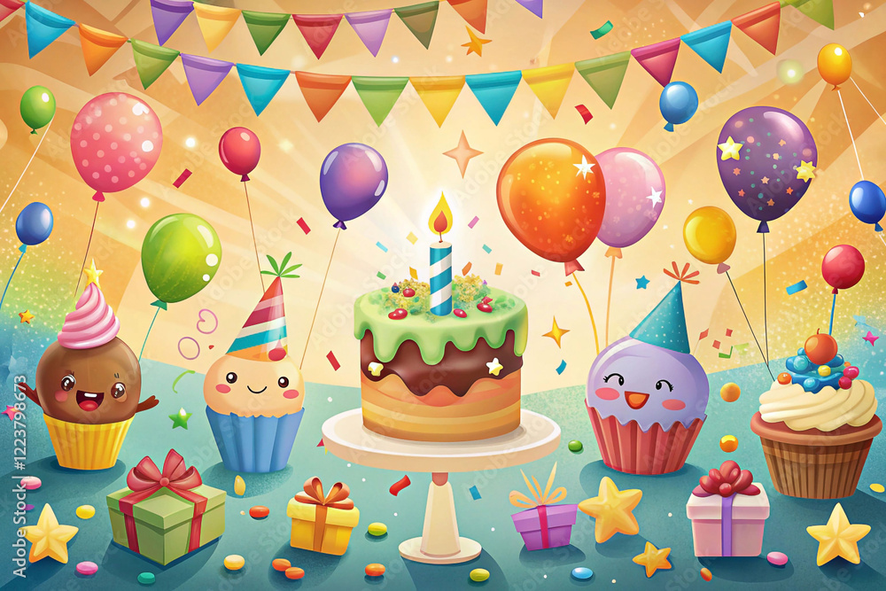 Festive birthday scene with cake, cupcakes, balloons, and gifts. Festive birthday scene with cake, cupcakes, balloons, and gifts.