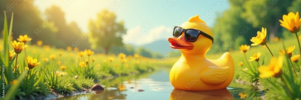 Illustration of rubber duck wearing shades in a sunny farm scene, animal, sunglasses, farm