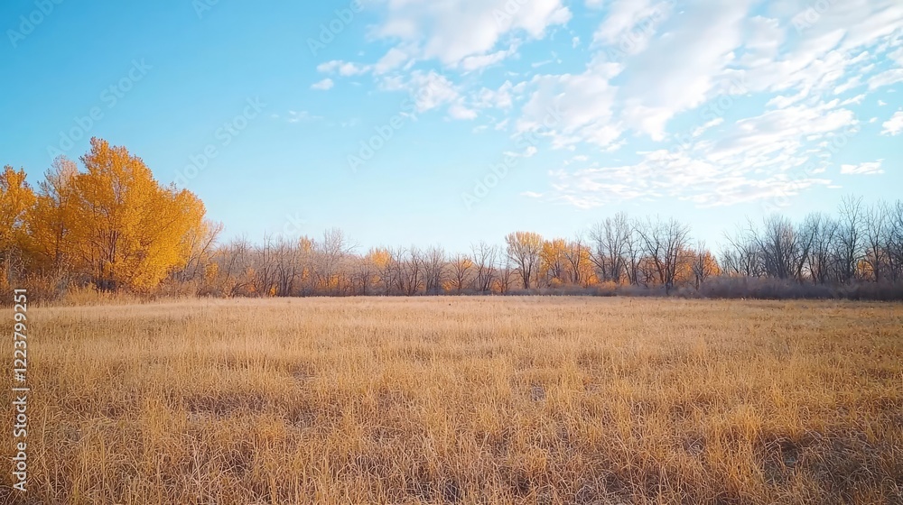 Golden autumn meadow, trees, blue sky; peaceful nature scene, ideal for travel brochures Golden autumn meadow, trees, blue sky; peaceful nature scene, ideal for travel brochures