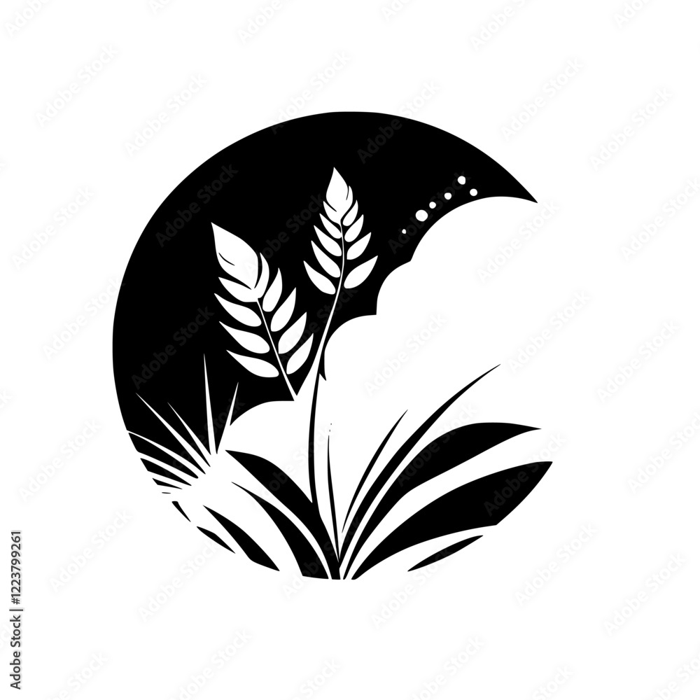 Fototapeta premium Elegant Monochrome Floral Design: Black and White Plant Illustration with Wheat and Leaves. Perfect for nature-themed projects, minimalist designs, and botanical art.