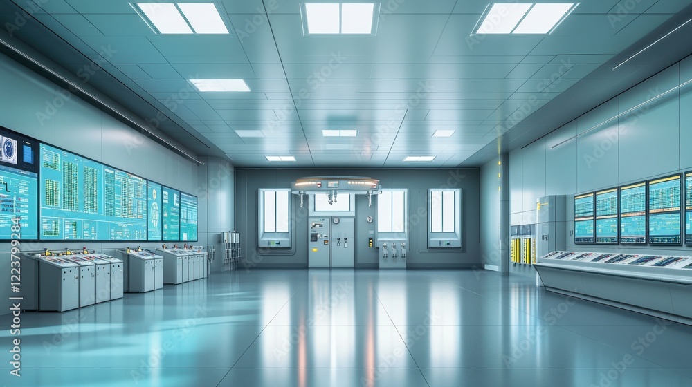 Obraz premium A modern power station control room showcasing SCADA system interfaces on multiple displays.
