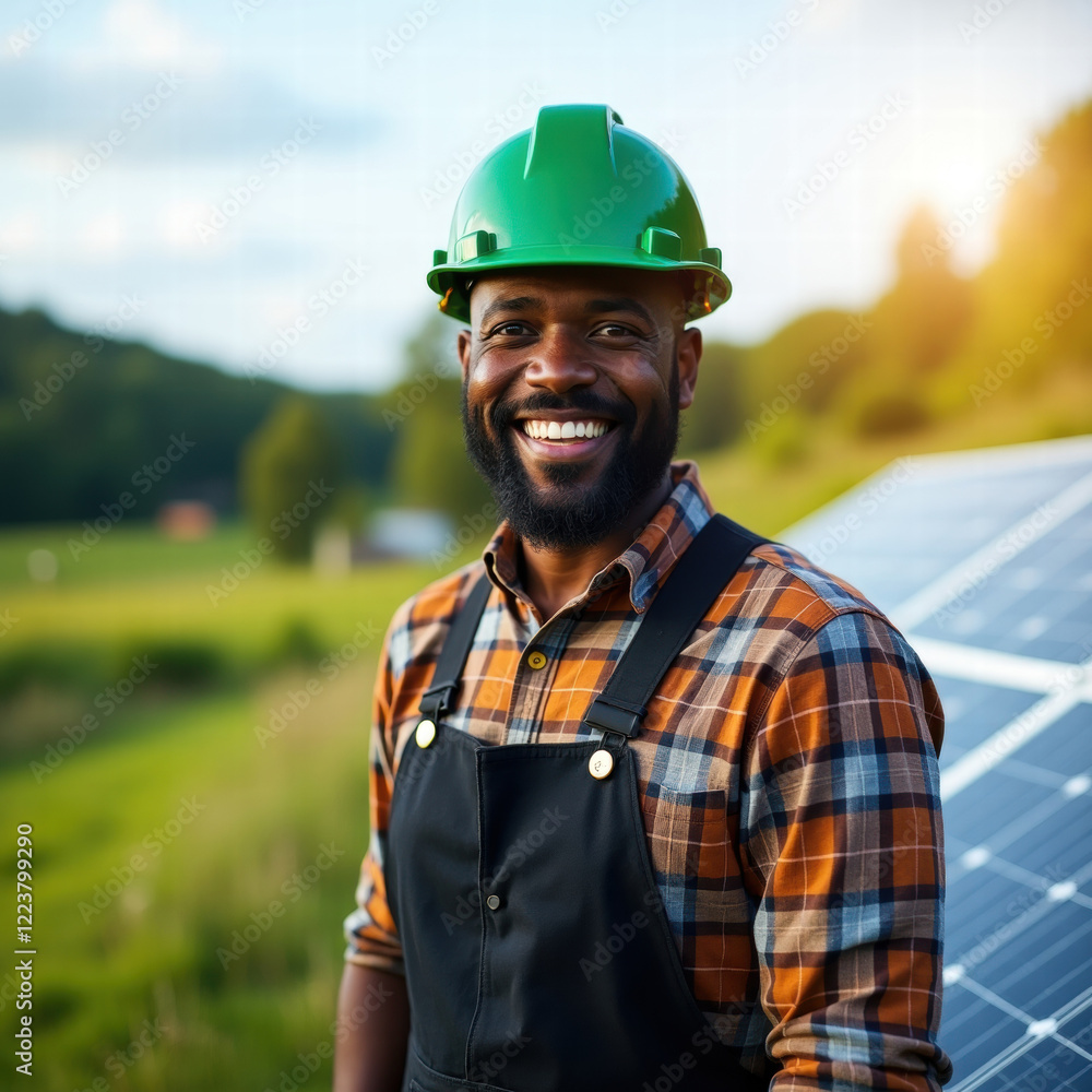 A afro portuguese man standing beside a solar panel A afro portuguese man standing beside a solar panel