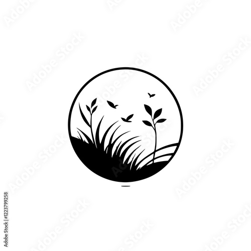 Serene Nature Scene: Minimalist Black and White Landscape Illustration