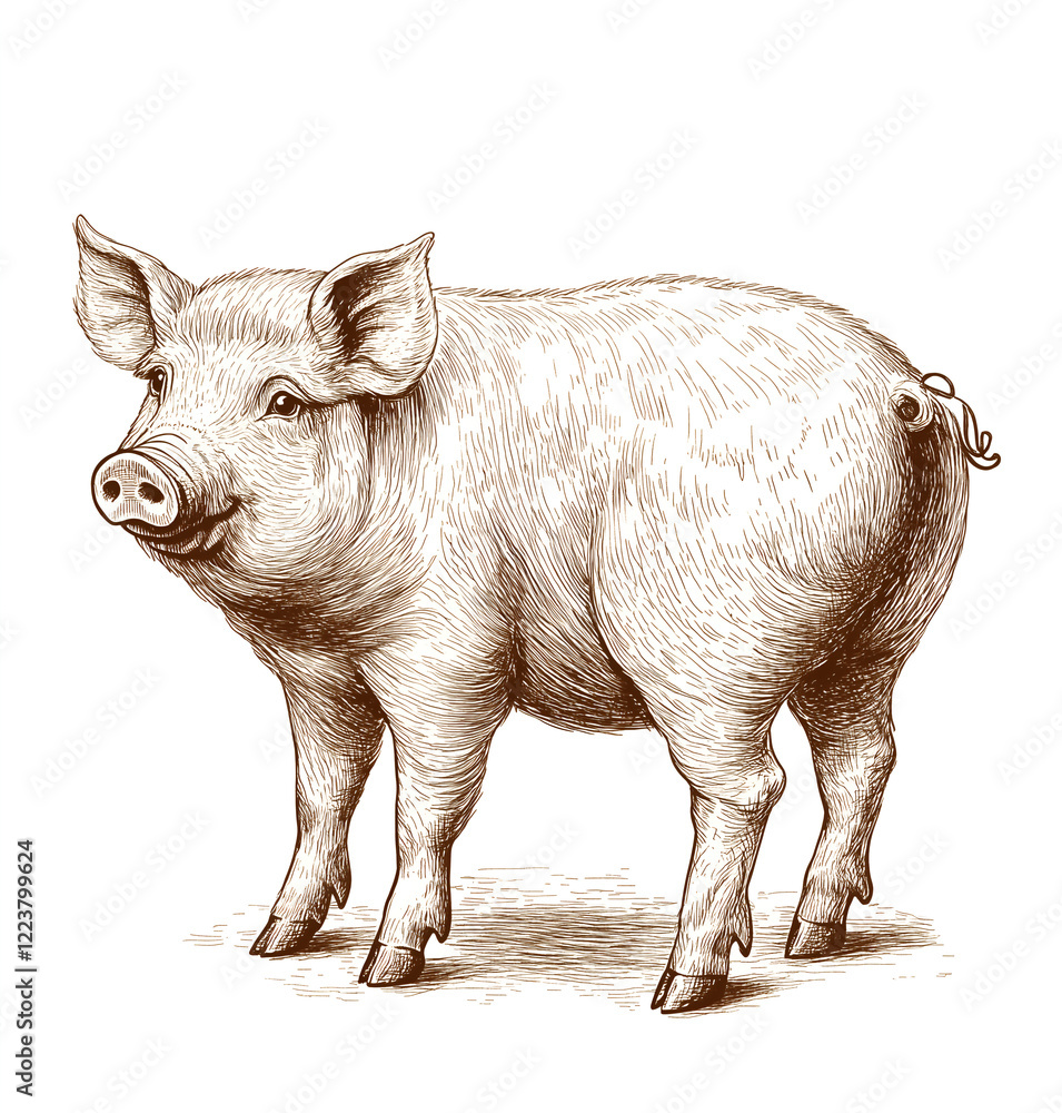 Fototapeta premium pig with its back to the camera, hand-drawn style, vector illustration, simple lines, white background