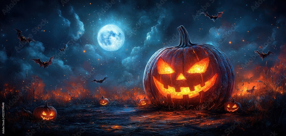 Fototapeta premium Halloween Banners with Pumpkin and Bat Vintage Illustration