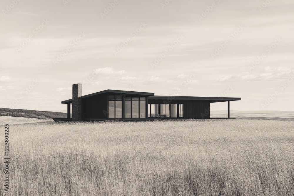 Modern black house stands alone in a vast field against a cloudy sky during the early hours of dawn Modern black house stands alone in a vast field against a cloudy sky during the early hours of dawn