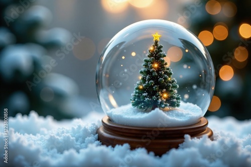 Miniature Christmas tree inside a snow globe , festive decor, tiny trees, miniature christmas tree