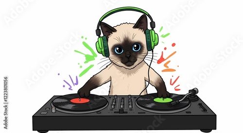 Adorable Siamese Kitten DJ Mixing Music on Turntables with Headphones