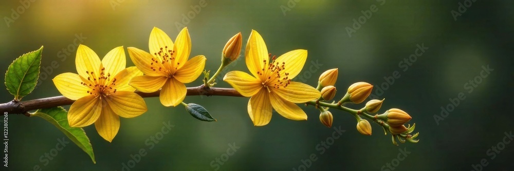 Naklejka premium Delicate golden flowers and leaves attached to a wooden dowel, blooms, wooden