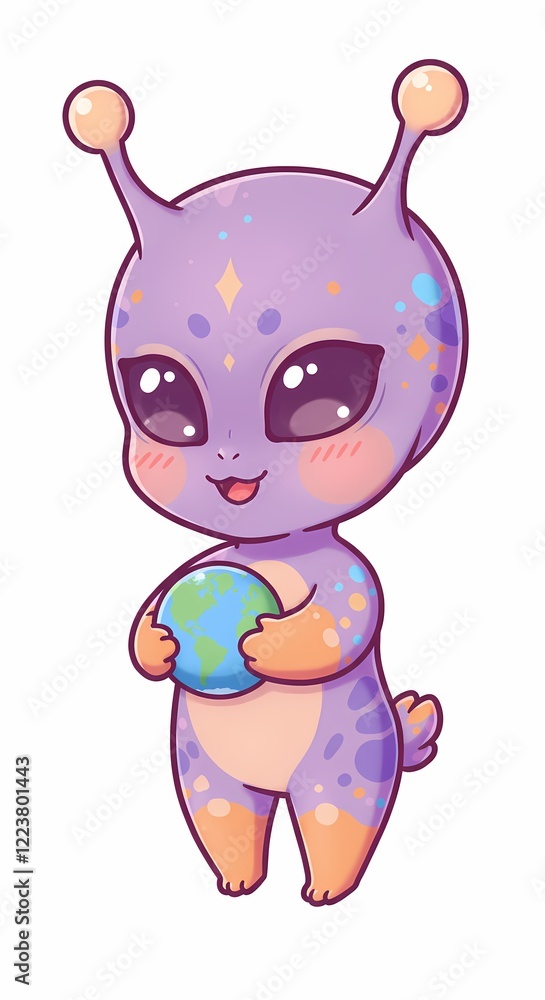 Adorable Purple Alien Cartoon Character Holding Earth Globe Cute Space Creature Illustration