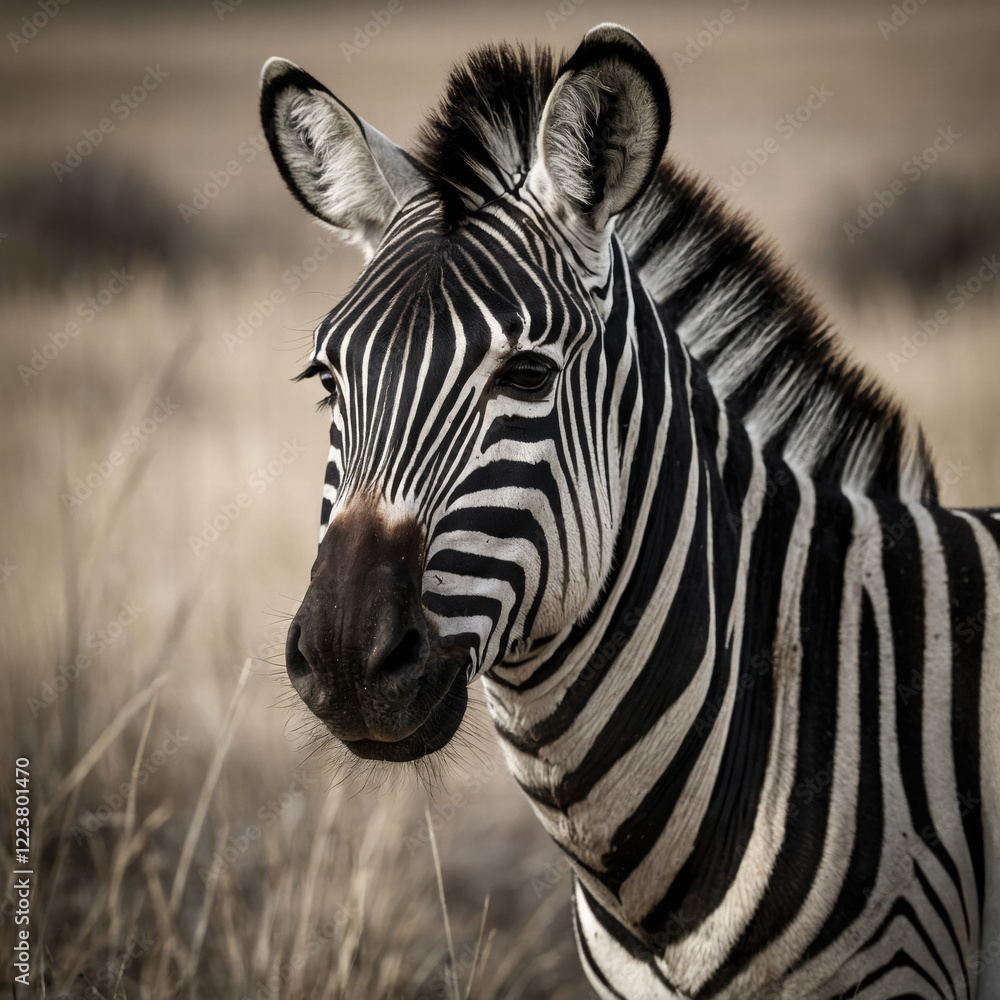 Naklejka premium A majestic zebra, its striking black and white stripes contrasting beautifully against a soft, creamy background, gazing directly into the lens with intense, soulful eyes