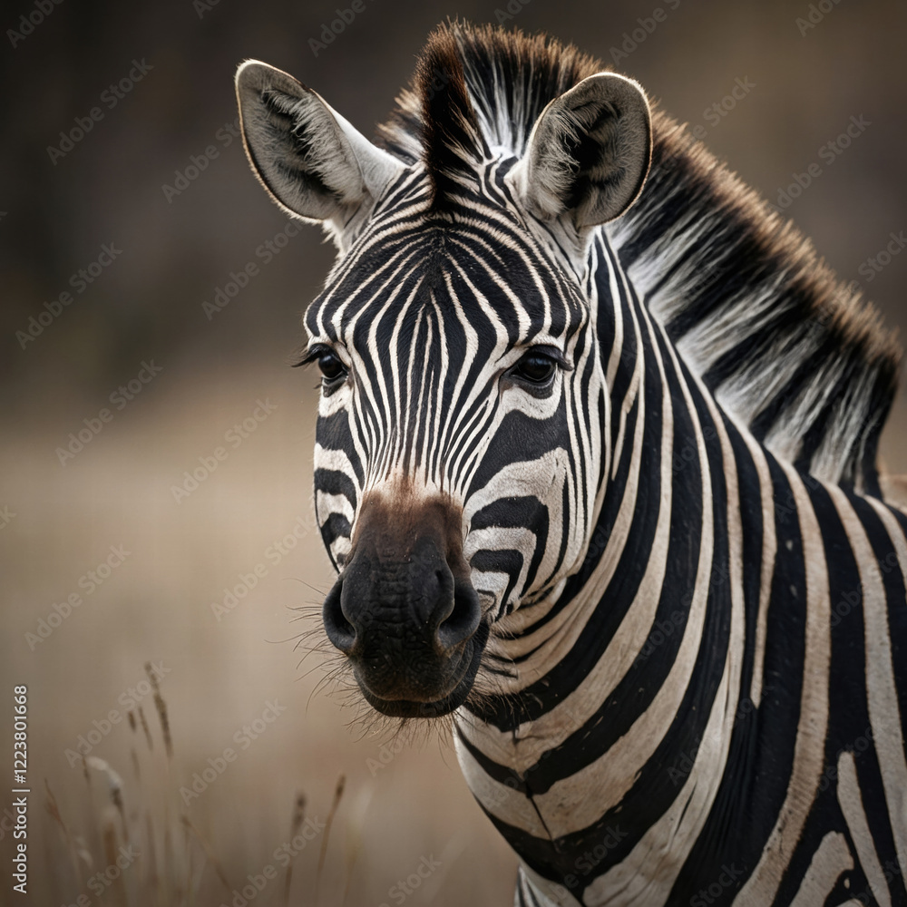 Fototapeta premium A majestic zebra, its striking black and white stripes contrasting beautifully against a soft, creamy background, gazing directly into the lens with intense, soulful eyes