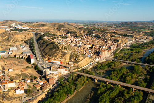 Bird's eye view of Spanish town Fraga. Cinca River visible from above.
