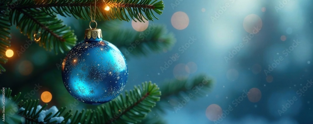 Obraz premium Blue glass ball hanging on a Christmas tree branch , blue, christmas
