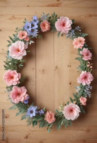 Delicate watercolor floral wreath on wooden background , isolated, nature, design